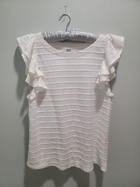 Anthropologie White Scalloped Stripe Blouse With Flutter Sleeves